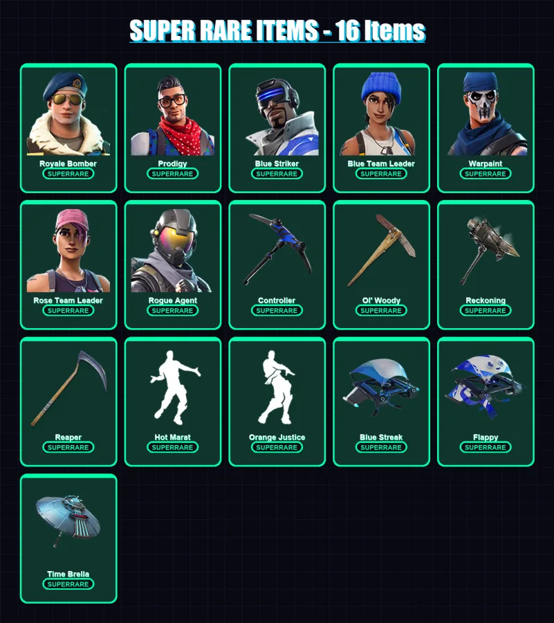 [PC/PSN] | Royale Bomber | Prodigy | Blue Striker | Blue Team Leader | Warpaint | 72 skin | 48 pickaxe | 54 emote | 45 glider | Lv547