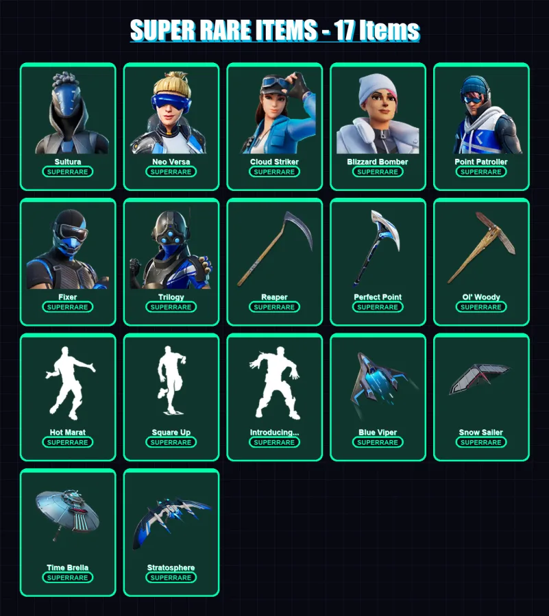[PS4/PS5/XBOX/PC] | Sultura | Neo Versa | Cloud Striker | Blizzard Bomber | Point Patroller | 152 skin | 153 pickaxe | 135 emote | 130 glider | Lv16 — Fortnite account