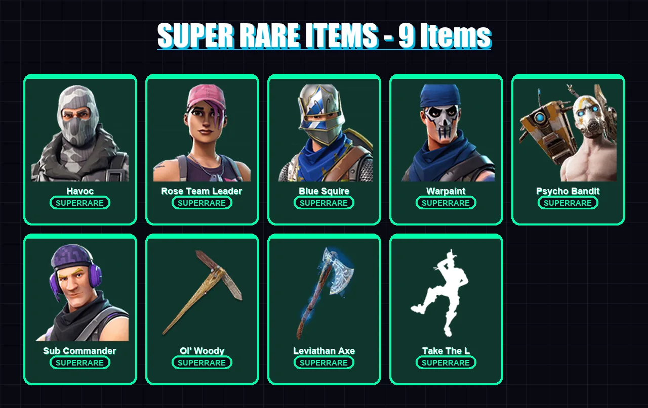 [PC/XBOX] | Havoc | Rose Team Leader | Blue Squire | Warpaint | Psycho Bandit | 27 skin | 33 pickaxe | 24 emote | 31 glider | Lv303