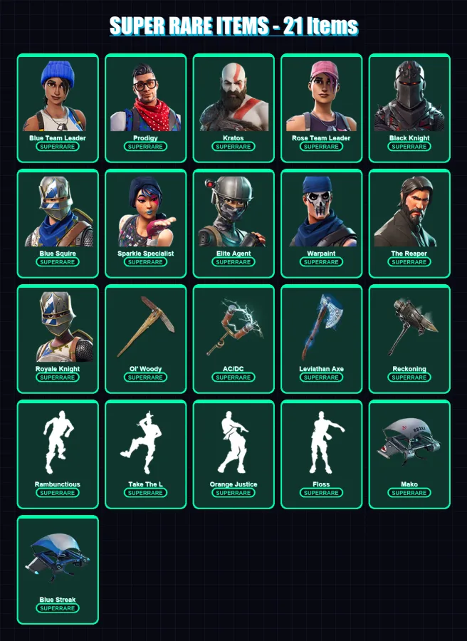 [PC/PSN] | Blue Team Leader | Prodigy | Kratos | Rose Team Leader | Black Knight | 71 skin | 47 pickaxe | 62 emote | 48 glider | Lv630