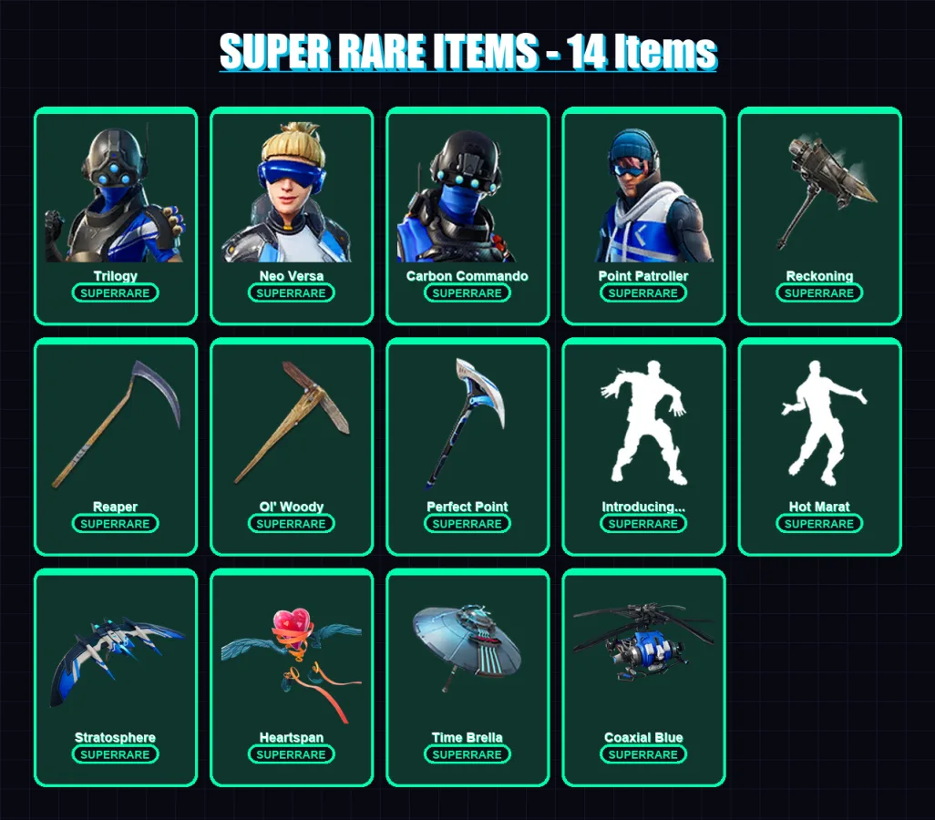 [PS4/PS5/XBOX/PC] | Trilogy | Neo Versa | Carbon Commando | Point Patroller | Fade | 240 skin | 220 pickaxe | 210 emote | 180 glider | Lv2394