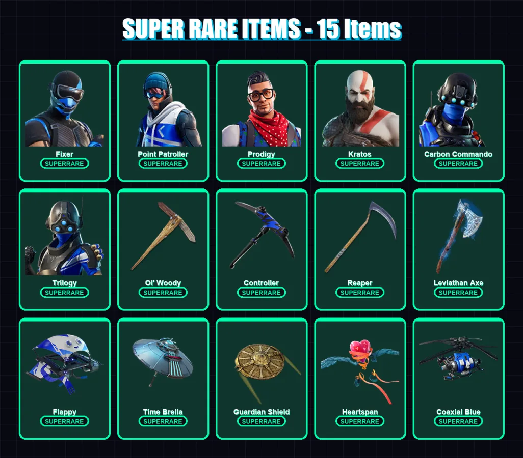 [PS4/PS5/PC] | Fixer | Point Patroller | Prodigy | Kratos | Carbon Commando | 60 skin | 75 pickaxe | 65 emote | 63 glider | Lv964