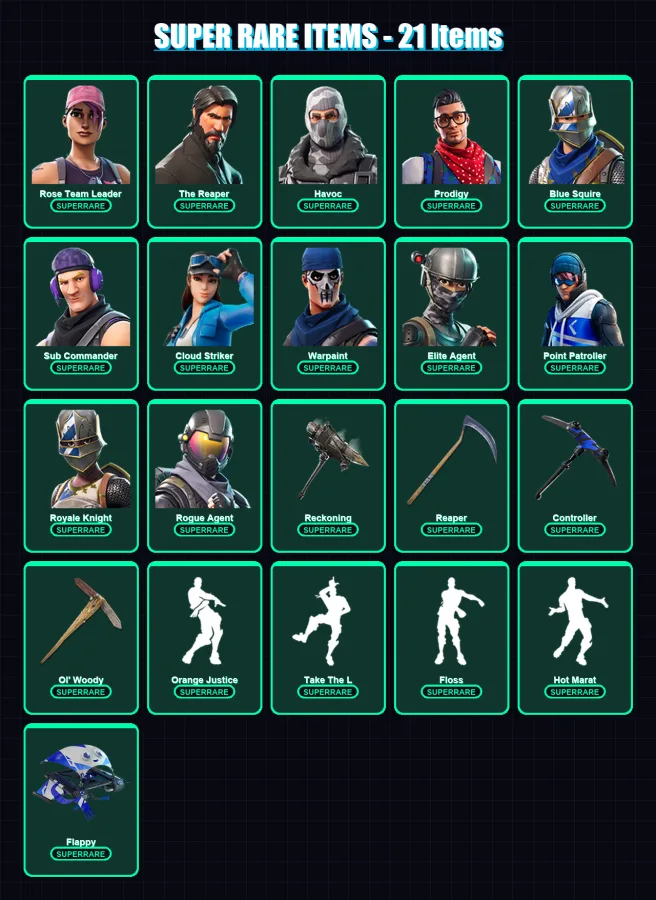[PC/XBOX] | Rose Team Leader | The Reaper | Havoc | Prodigy | Blue Squire | 73 skin | 85 pickaxe | 73 emote | 81 glider | Lv1377