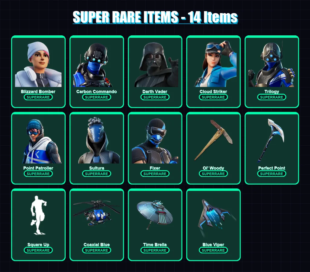 [PC/XBOX] | Blizzard Bomber | Carbon Commando | Darth Vader | Cloud Striker | Trilogy | 150 skin | 212 pickaxe | 146 emote | 171 glider | Lv2425