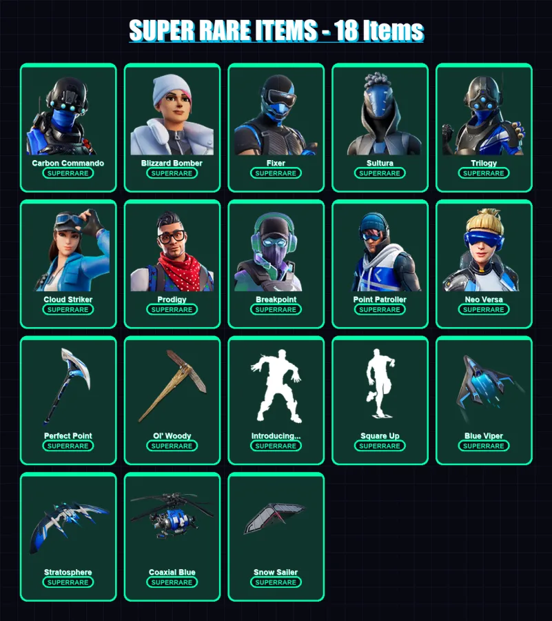 [PS4/PS5/XBOX/PC] | Carbon Commando | Blizzard Bomber | Fixer | Sultura | Trilogy | 63 skin | 72 pickaxe | 77 emote | 65 glider | Lv955