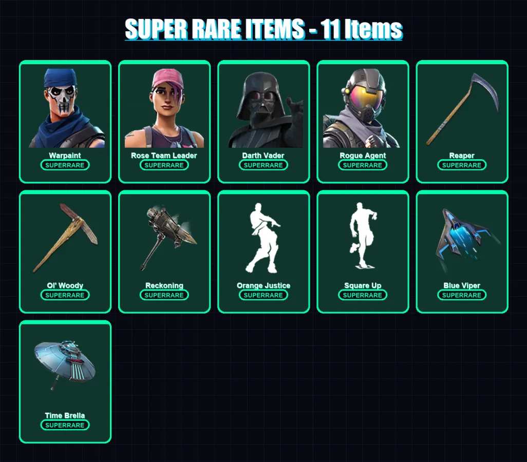 [PC] | Warpaint | Rose Team Leader | Darth Vader | Rogue Agent | The Prisoner | 156 skin | 134 pickaxe | 158 emote | 133 glider | Lv1667 — Fortnite account