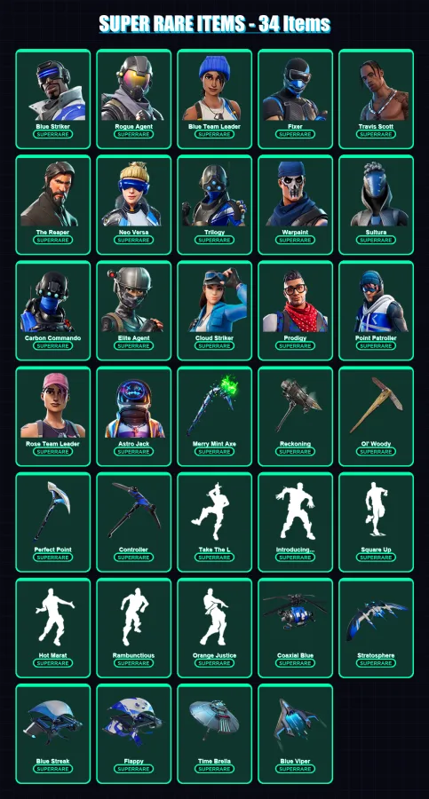 [PS4/PS5/XBOX/PC] | Blue Striker | Rogue Agent | Blue Team Leader | Fixer | Travis Scott | 109 skin | 129 pickaxe | 130 emote | 116 glider | Lv1547