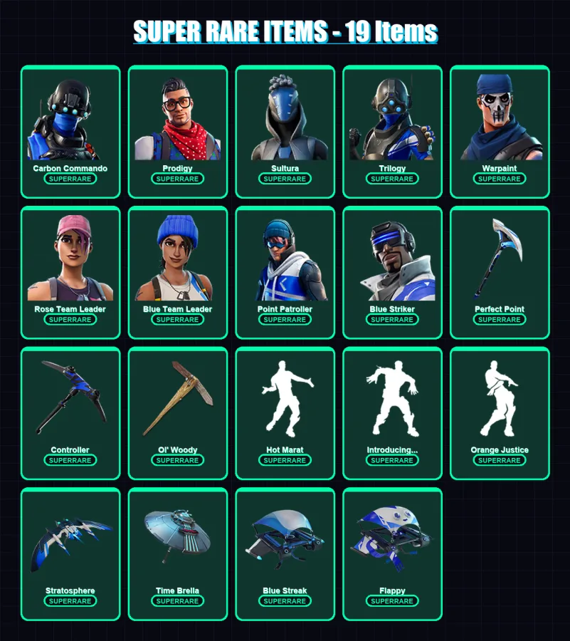 [PS4/PS5/XBOX/PC] | Carbon Commando | Prodigy | Sultura | Trilogy | Warpaint | 60 skin | 108 pickaxe | 110 emote | 99 glider | Lv1346