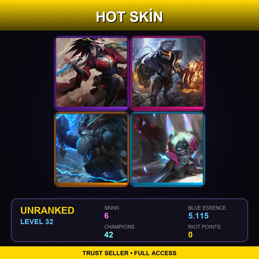 LAS | Blood Moon Akali | PROJECT: Vi | Thunder Lord Ornn | Dawnbringer Vex | 6 Skin | 42 Champ | Lv32