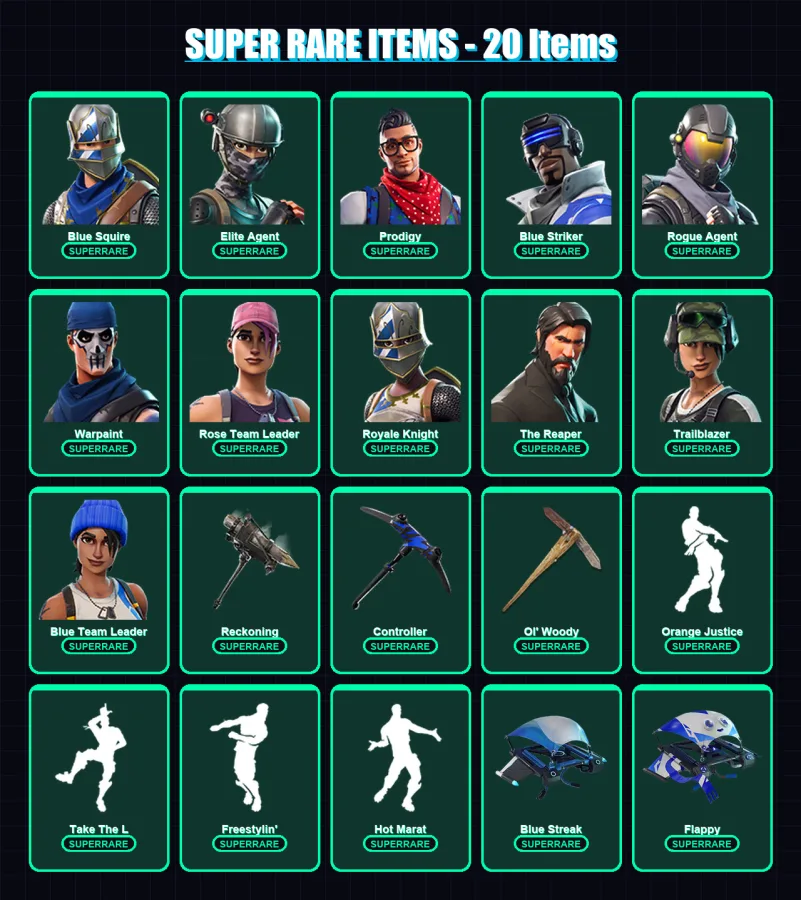 [PS4/PS5/XBOX/PC] | Blue Squire | Elite Agent | Prodigy | Blue Striker | Rogue Agent | 56 skin | 44 pickaxe | 56 emote | 48 glider | Lv639
