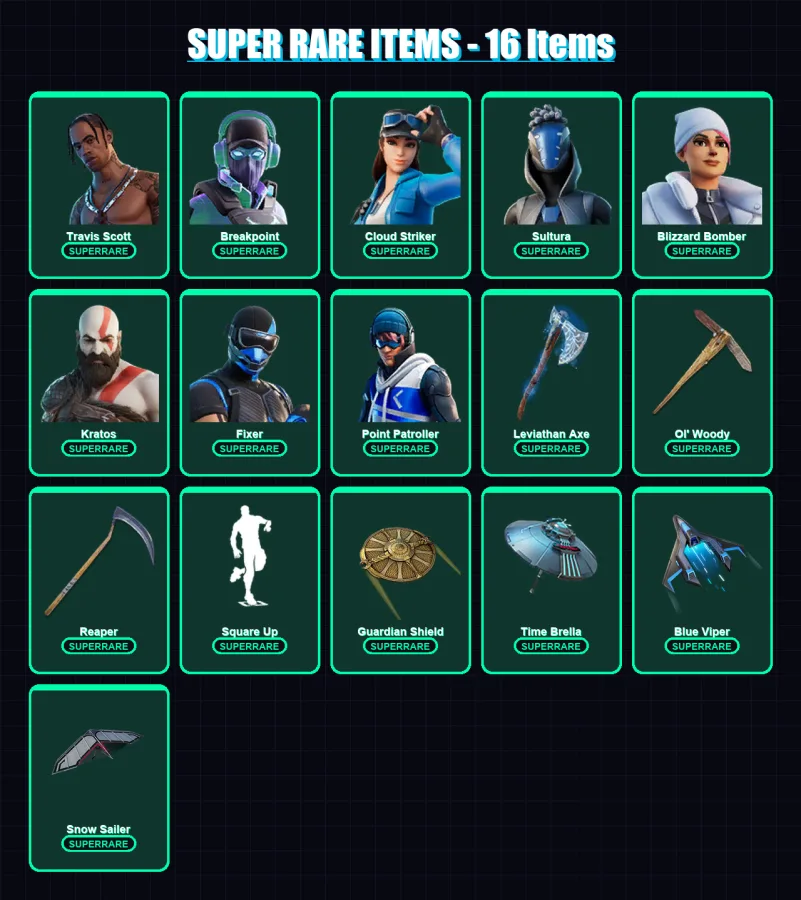 [PS4/PS5/XBOX/PC] | Travis Scott | Breakpoint | Cloud Striker | Sultura | Blizzard Bomber | 251 skin | 225 pickaxe | 136 emote | 157 glider | Lv2535