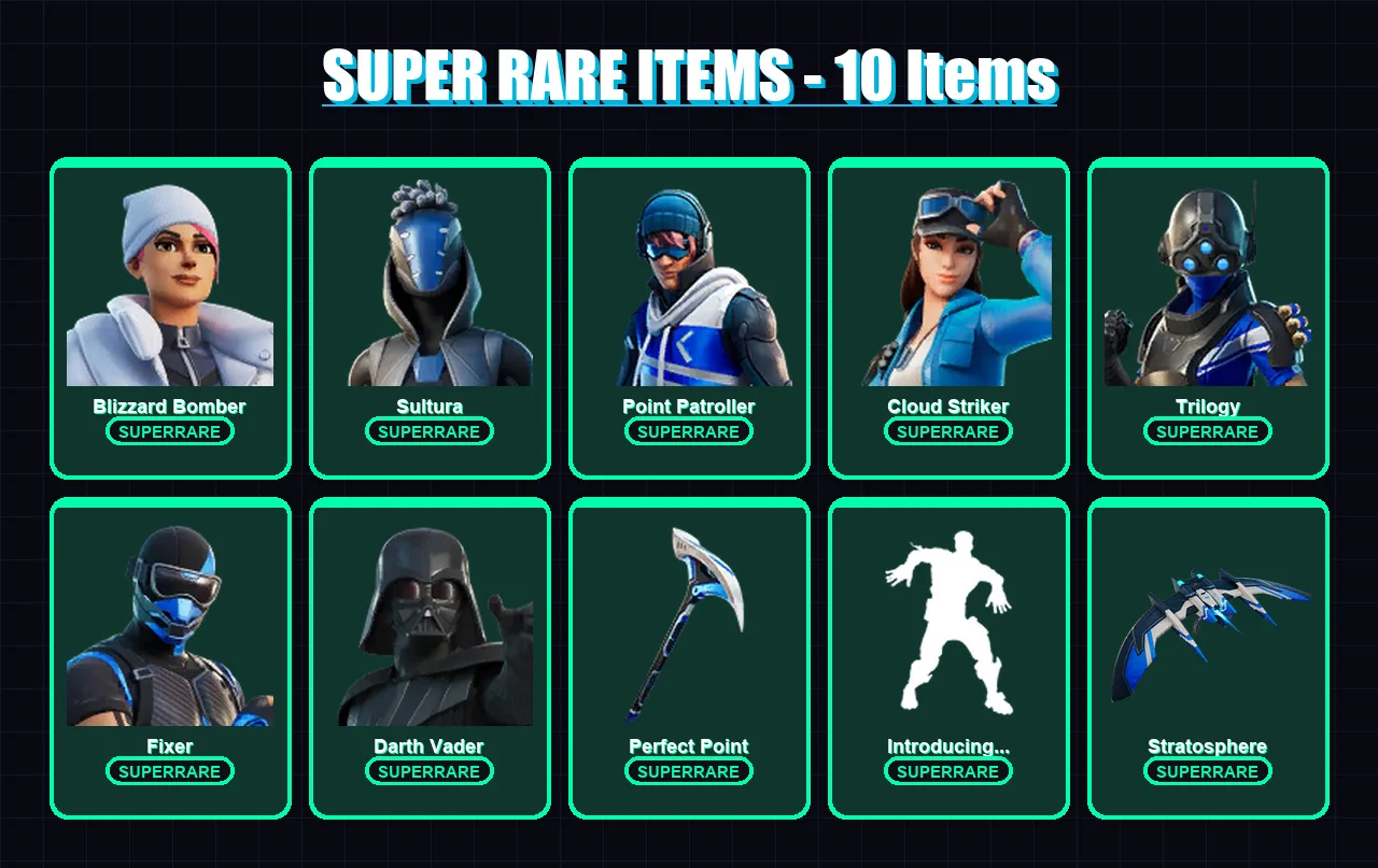 [SWITCH/XBOX/PC] | Blizzard Bomber | Sultura | Point Patroller | Cloud Striker | Trilogy | 122 skin | 179 pickaxe | 104 emote | 137 glider | Lv1795
