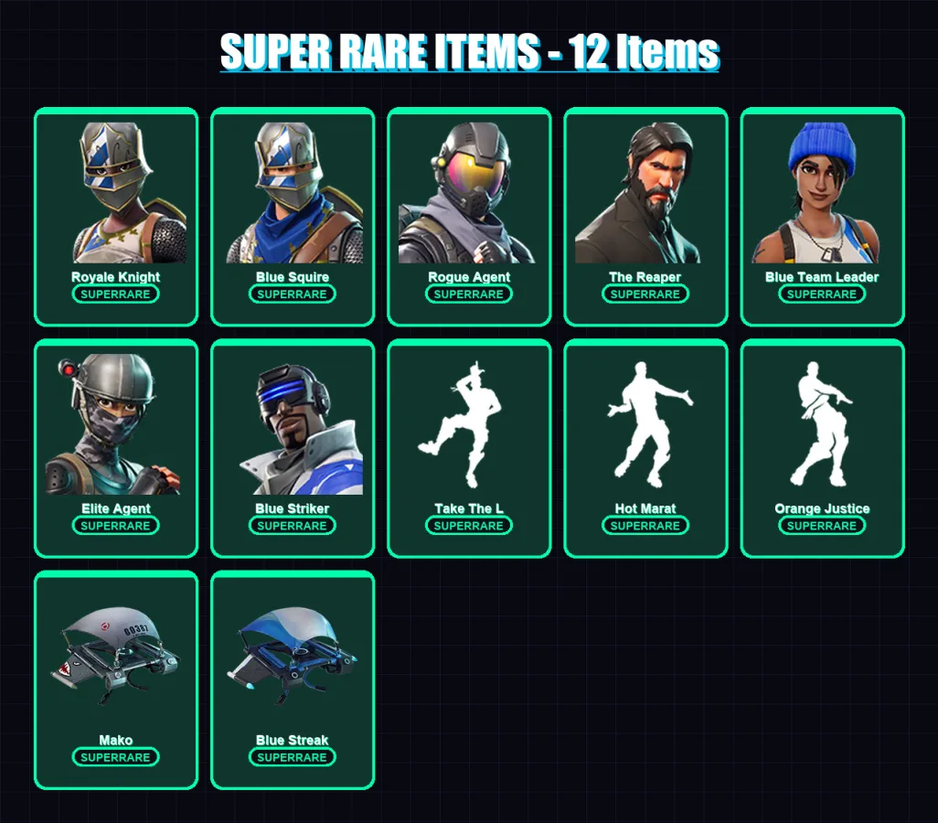 [PC/XBOX/PSN] | Royale Knight | Blue Squire | Rogue Agent | The Reaper | Blue Team Leader | 23 skin | 13 pickaxe | 24 emote | 24 glider | Lv360