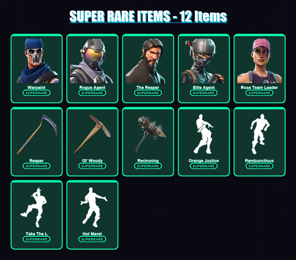 [PC/XBOX/PSN] | Warpaint | Rogue Agent | The Reaper | Elite Agent | Rose Team Leader | 154 skin | 75 pickaxe | 106 emote | 70 glider | Lv941