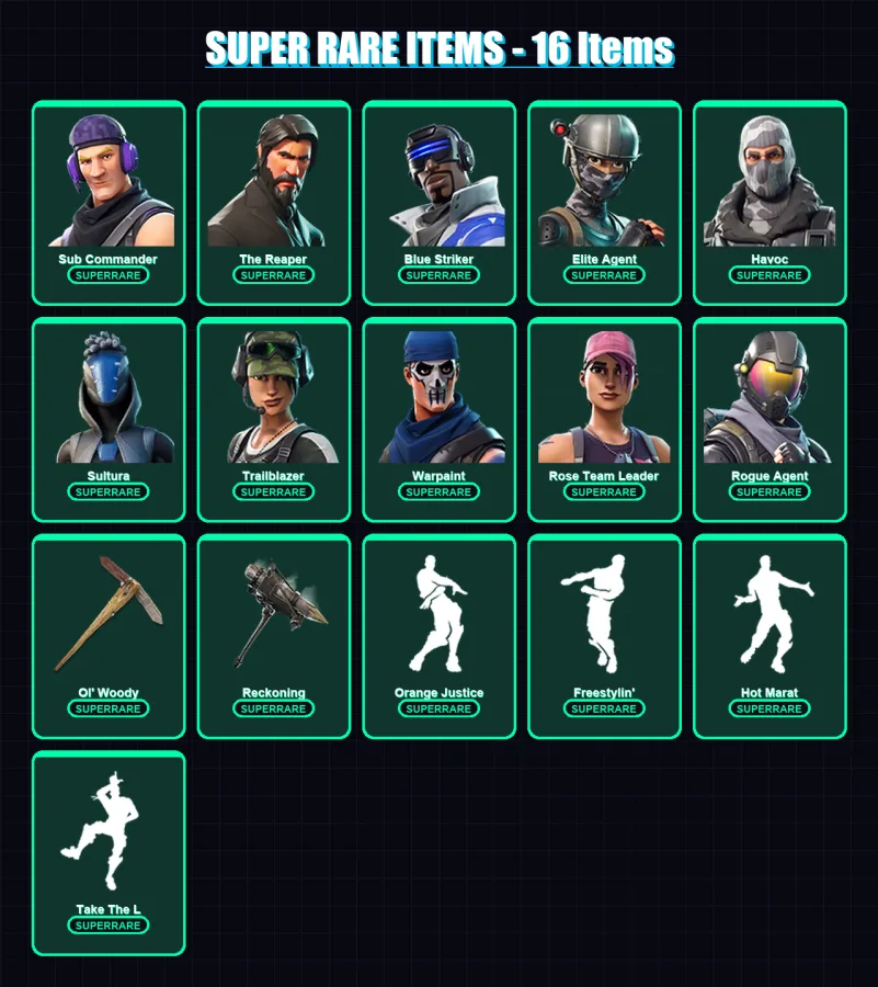 [PS4/PS5/XBOX/PC] | Sub Commander | The Reaper | Blue Striker | Elite Agent | Havoc | 59 skin | 79 pickaxe | 65 emote | 74 glider | Lv950