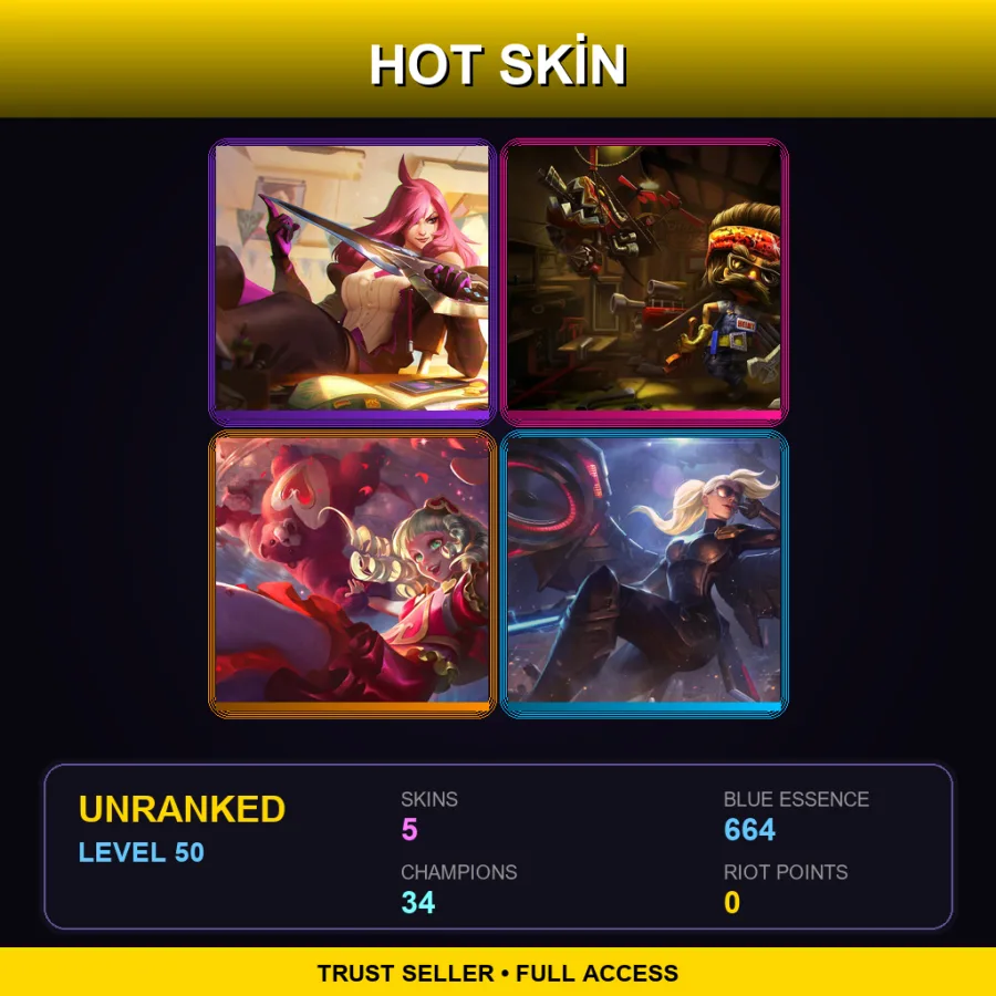 TR | Battle Academia Katarina | Piltover Customs Heimerdinger | Sweetheart Annie | Riot Kayle | 5 Skin | 34 Champ | Lv50