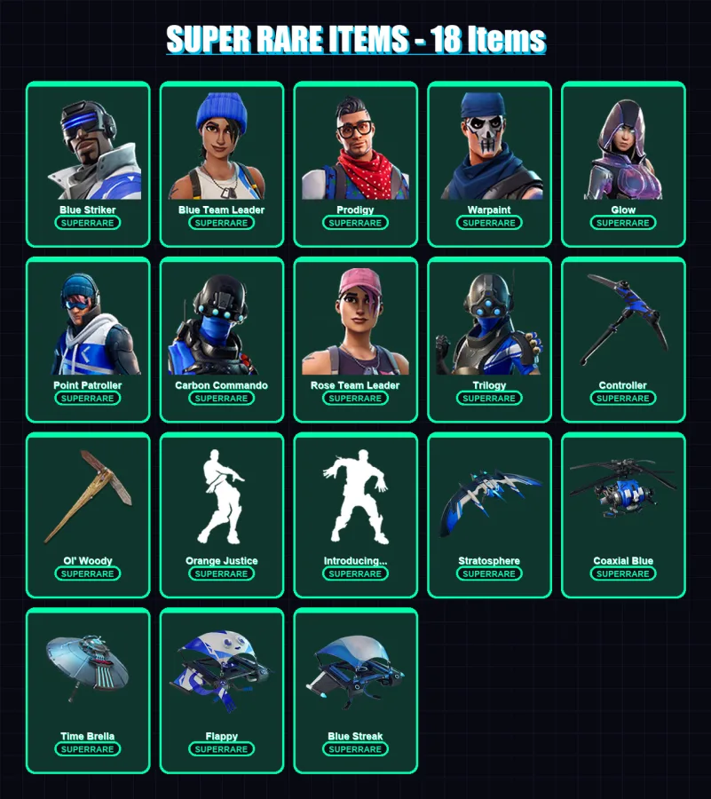 [PS4/PS5/XBOX/PC] | Blue Striker | Blue Team Leader | Prodigy | Warpaint | Glow | 54 skin | 92 pickaxe | 75 emote | 100 glider | Lv1266