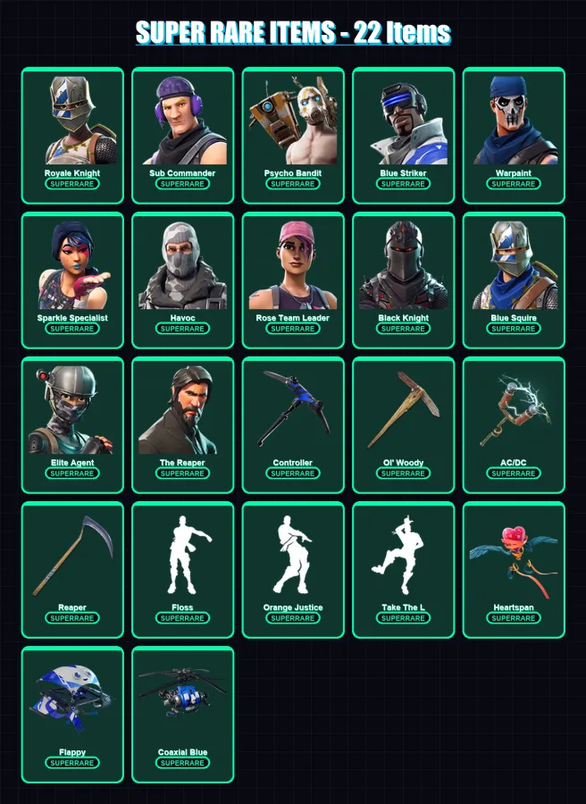 [PS4/PS5/XBOX/PC] | Royale Knight | Sub Commander | Psycho Bandit | Blue Striker | Warpaint | 78 skin | 60 pickaxe | 82 emote | 66 glider | Lv761