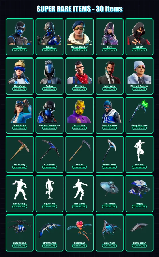 [PS4/PS5/XBOX/PC] | Fixer | Trilogy | Royale Bomber | Glow | IKONIK | 396 skin | 293 pickaxe | 256 emote | 190 glider | Lv2967