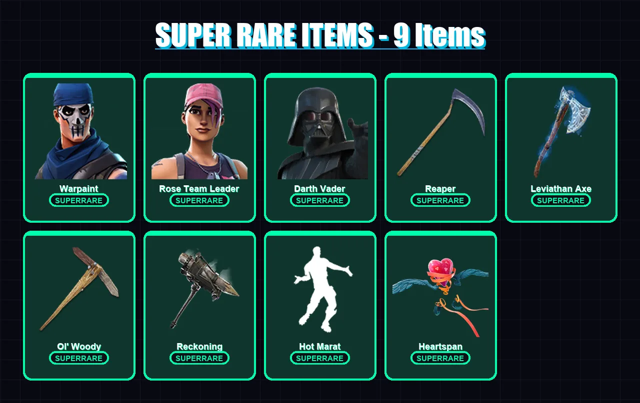 [PC/XBOX/PSN] | Warpaint | Rose Team Leader | Darth Vader | Malik | Hybrid | 150 skin | 141 pickaxe | 110 emote | 117 glider | Lv1199