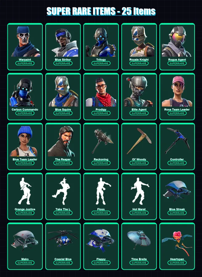 [PC] | Warpaint | Blue Striker | Trilogy | Royale Knight | Rogue Agent | 106 skin | 102 pickaxe | 92 emote | 105 glider | Lv1146 — Fortnite account