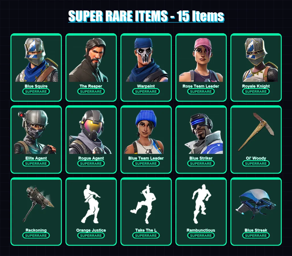 [PS4/PS5/XBOX/PC] | Blue Squire | The Reaper | Warpaint | Rose Team Leader | Royale Knight | 90 skin | 51 pickaxe | 66 emote | 55 glider | Lv672