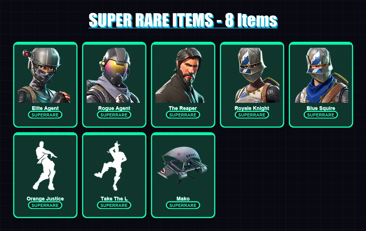 [PS4/PS5/XBOX/PC] | Elite Agent | Rogue Agent | The Reaper | Royale Knight | Blue Squire | 24 skin | 15 pickaxe | 27 emote | 23 glider | Lv345 — Fortnite account