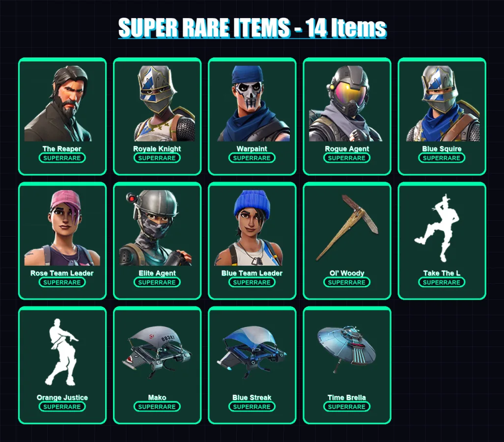 [PS4/PS5/XBOX/PC] | The Reaper | Royale Knight | Warpaint | Rogue Agent | Blue Squire | 33 skin | 26 pickaxe | 34 emote | 32 glider | Lv386