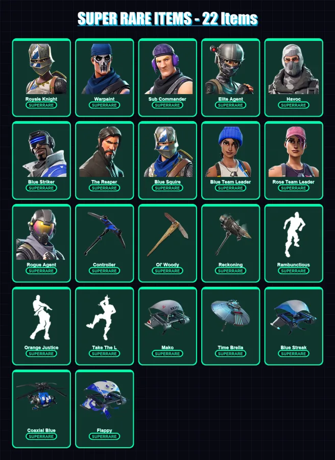 [PS4/PS5/XBOX/PC] | Royale Knight | Warpaint | Sub Commander | Elite Agent | Havoc | 70 skin | 56 pickaxe | 58 emote | 57 glider | Lv743