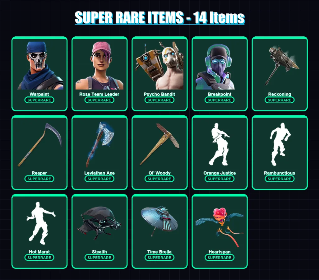 [PC/XBOX/PSN] | Warpaint | Rose Team Leader | Psycho Bandit | Breakpoint | Mandalorian | 168 skin | 180 pickaxe | 150 emote | 159 glider | Lv3516