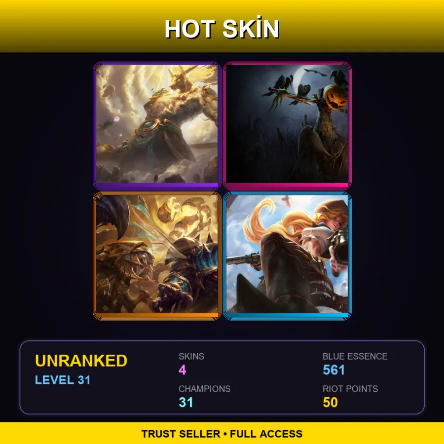 NA | Lunar Guardian Nasus | Pumpkinhead Fiddlesticks | Guardian of the Sands Rammus | Cowgirl Miss Fortune | 4 Skin | 31 Champ | Lv31
