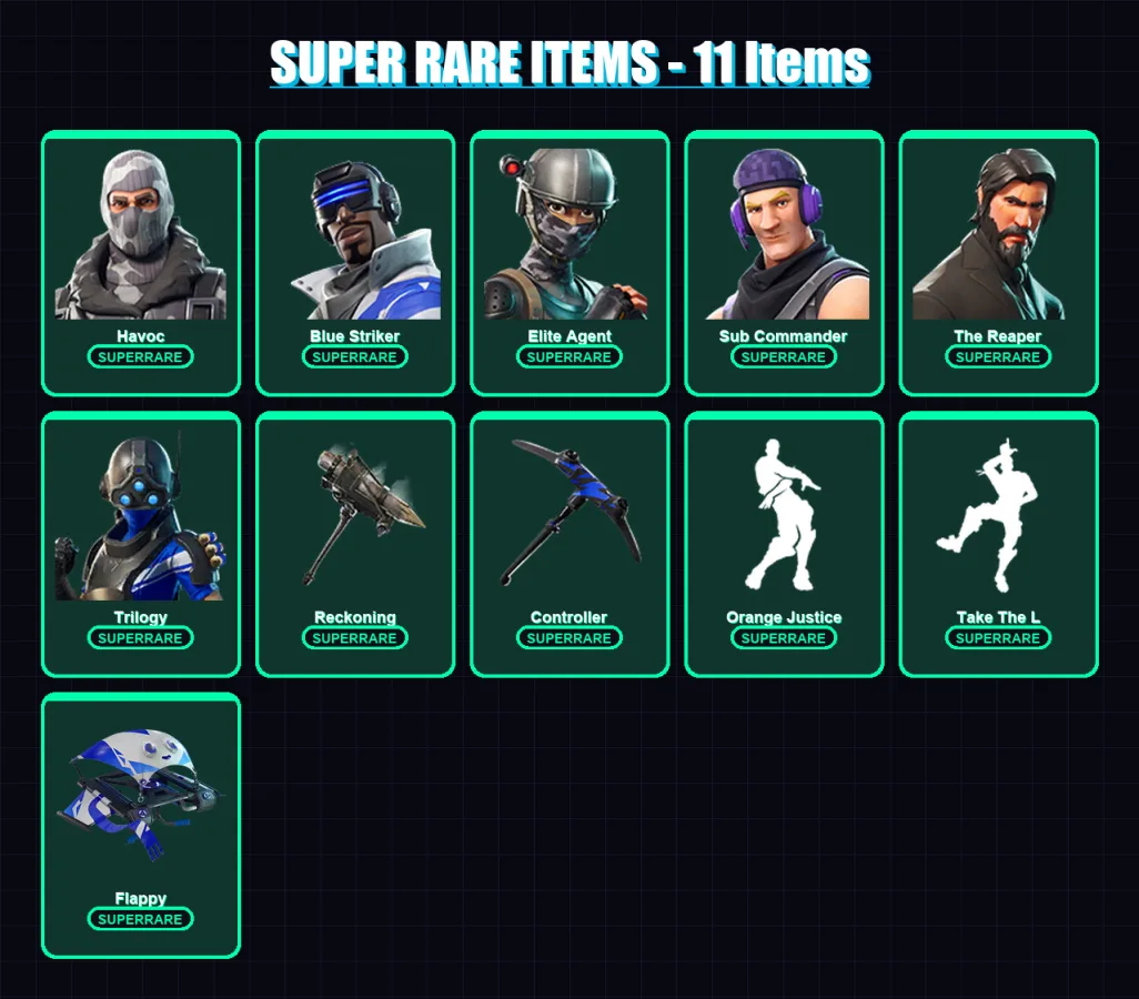 [SWITCH/XBOX/PC] | Havoc | Blue Striker | Elite Agent | Sub Commander | The Reaper | 41 skin | 27 pickaxe | 37 emote | 37 glider | Lv483
