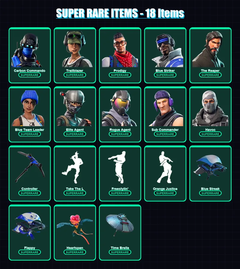 [PS4/PS5/XBOX/PC] | Carbon Commando | Trailblazer | Prodigy | Blue Striker | The Reaper | 35 skin | 37 pickaxe | 54 emote | 51 glider | Lv765