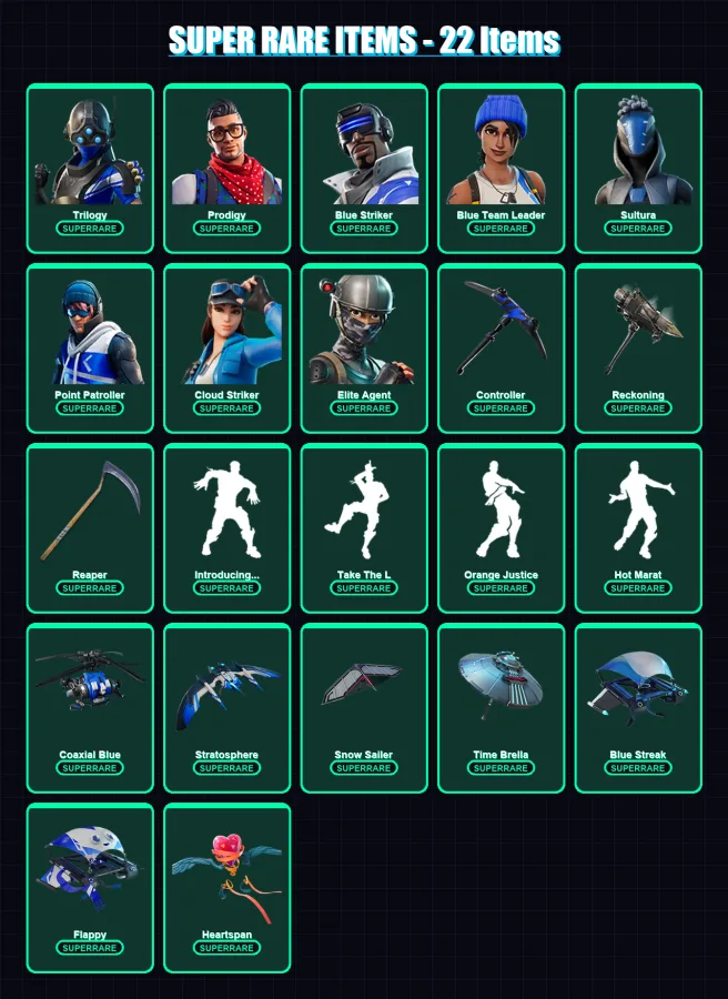 [PS4/PS5/XBOX/PC] | Trilogy | Prodigy | Blue Striker | Blue Team Leader | Sultura | 117 skin | 121 pickaxe | 111 emote | 122 glider | Lv1462