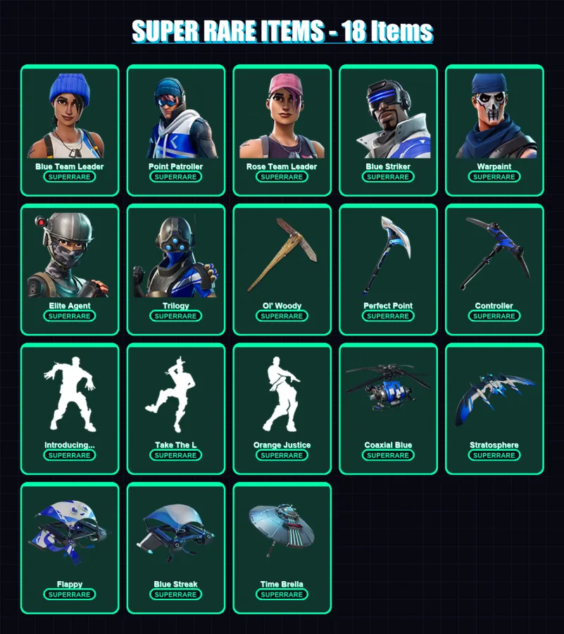 [PC] | Blue Team Leader | Point Patroller | Rose Team Leader | Blue Striker | Warpaint | 48 skin | 121 pickaxe | 76 emote | 103 glider | Lv1528