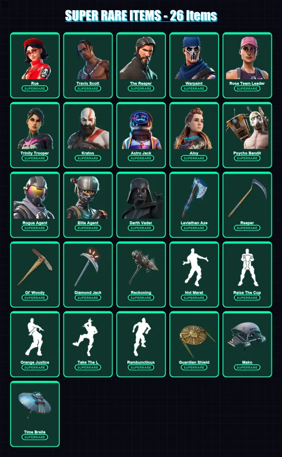 [PC] | Rue | Travis Scott | The Reaper | Warpaint | Rose Team Leader | 313 skin | 277 pickaxe | 333 emote | 193 glider | Lv2136