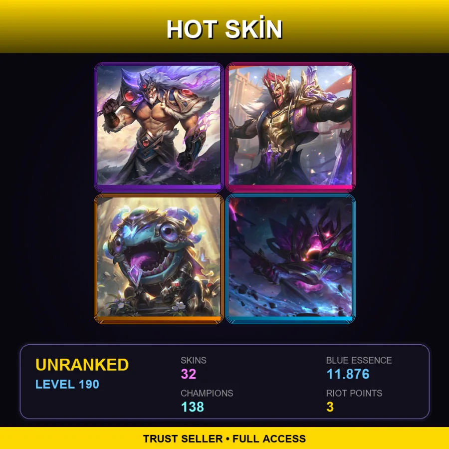 EUW | Lv190 | Unranked | 32 Skin | 138 Champ — LoL account