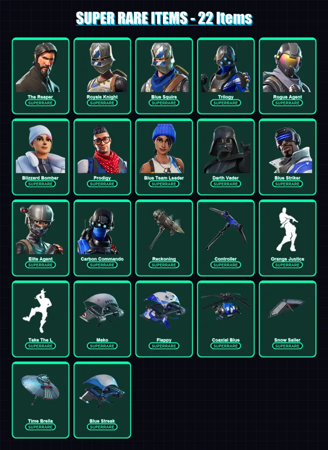 [PS4/PS5/XBOX/PC] | The Reaper | Royale Knight | Blue Squire | Trilogy | Rogue Agent | 201 skin | 193 pickaxe | 150 emote | 171 glider | Lv2379
