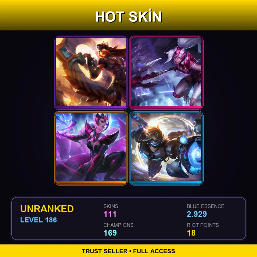 NA | Lv186 | Unranked | 111 Skin | 169 Champ — LoL account