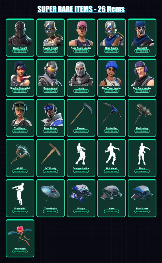 [PS4/PS5/XBOX/PC] | Black Knight | Royale Knight | Rose Team Leader | Blue Squire | Warpaint | 89 skin | 69 pickaxe | 66 emote | 72 glider | Lv1036