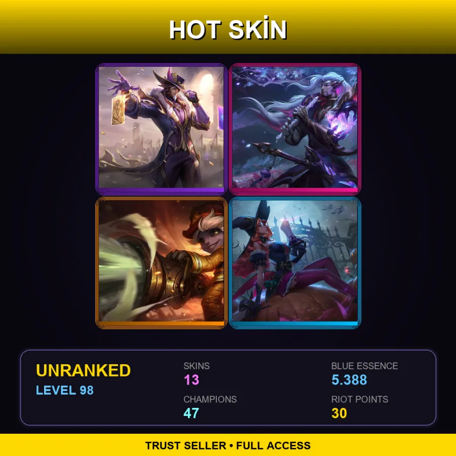 TR | Lv98 | Unranked | 13 Skin | 47 Champ — Bewitching Miss Fortune