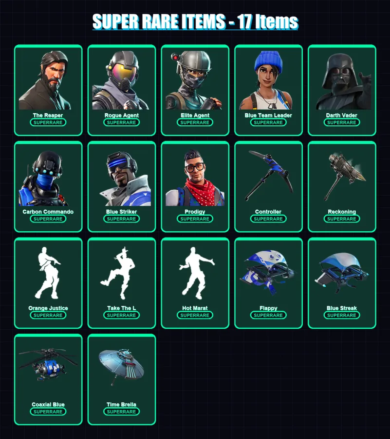 [PS4/PS5/XBOX/PC] | The Reaper | Rogue Agent | Elite Agent | Blue Team Leader | Darth Vader | 69 skin | 63 pickaxe | 76 emote | 78 glider | Lv1562