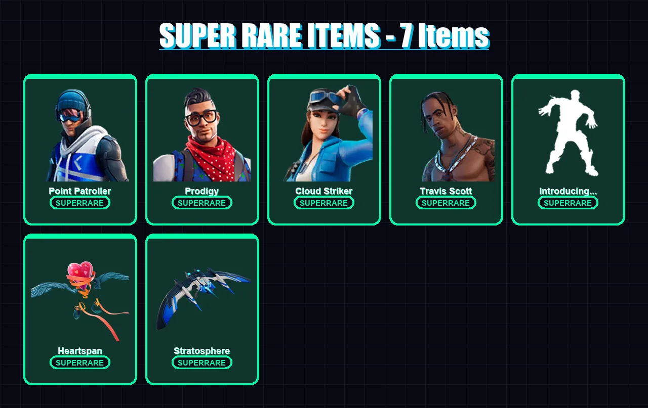 [PS4/PS5/XBOX/PC] | Point Patroller | Prodigy | Cloud Striker | Travis Scott | Vendetta | 89 skin | 135 pickaxe | 102 emote | 104 glider | Lv1300