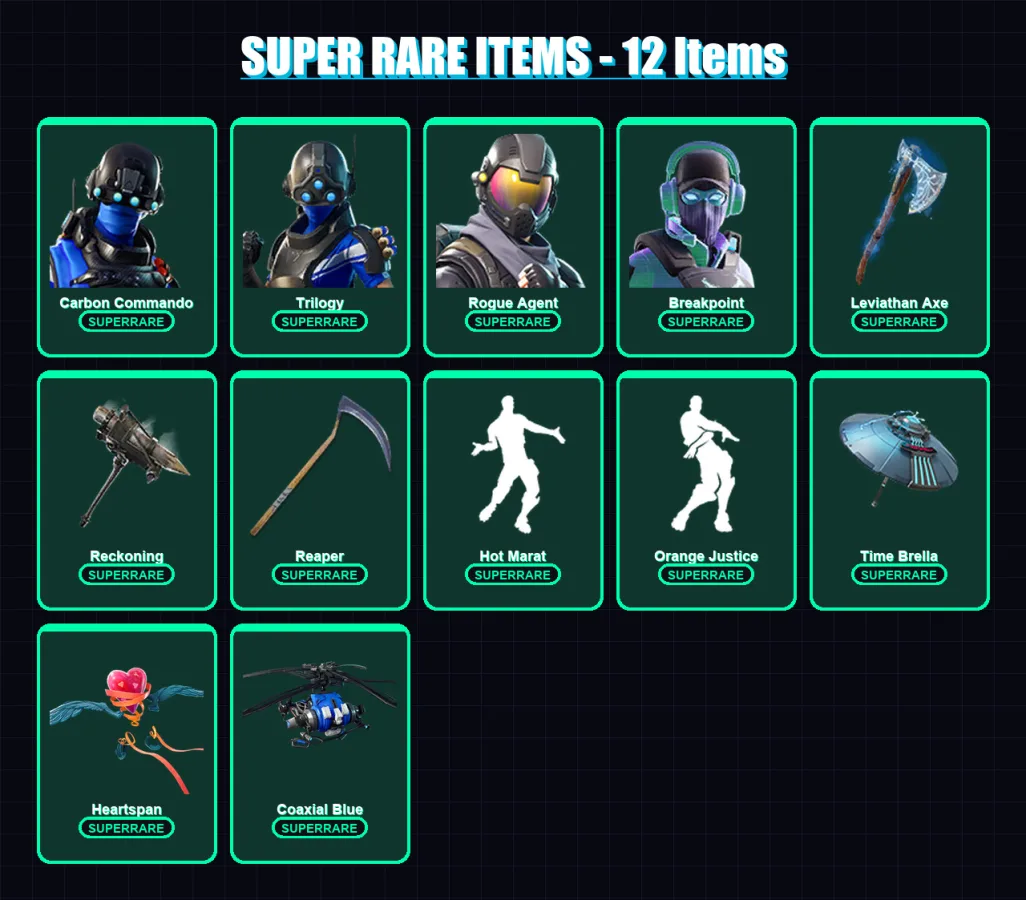 [PC/XBOX] | Carbon Commando | Trilogy | Rogue Agent | Breakpoint | Hybrid | 128 skin | 145 pickaxe | 116 emote | 128 glider | Lv2104