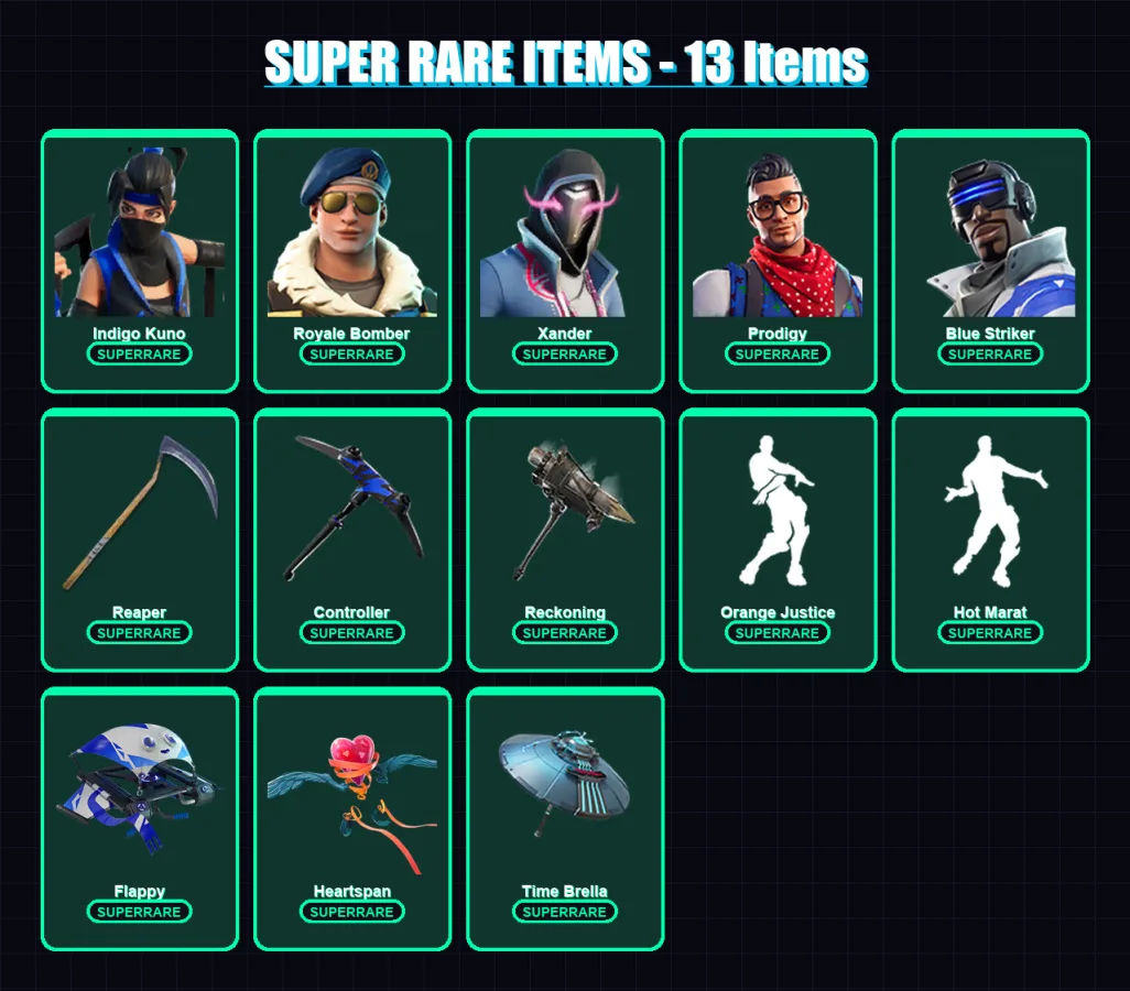 [PC/XBOX/PSN] | Indigo Kuno | Royale Bomber | Omega | Xander | Prodigy | 74 skin | 55 pickaxe | 77 emote | 55 glider | Lv1038