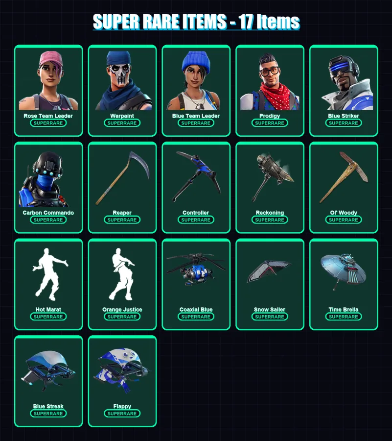 [PC/XBOX/PSN] | Rose Team Leader | Warpaint | Omega | Blue Team Leader | Prodigy | 100 skin | 121 pickaxe | 121 emote | 123 glider | Lv1768