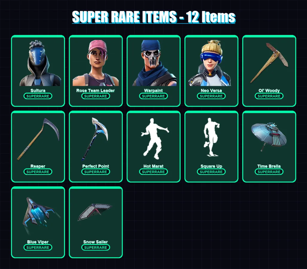 [PS4/PS5/XBOX/PC] | Sultura | Rose Team Leader | Warpaint | Neo Versa | Rox | 66 skin | 111 pickaxe | 101 emote | 107 glider | Lv1529