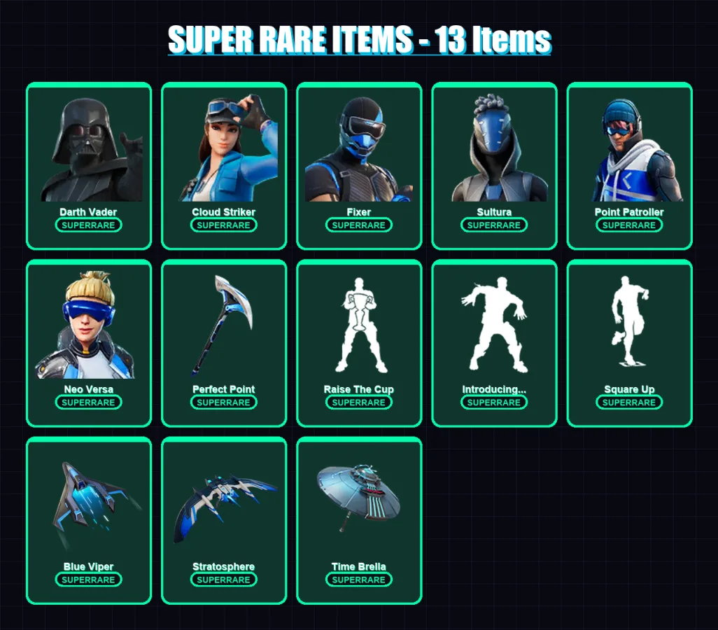 [PC/XBOX/PSN] | Darth Vader | Cloud Striker | Fixer | Sultura | Point Patroller | 65 skin | 88 pickaxe | 67 emote | 79 glider | Lv1326