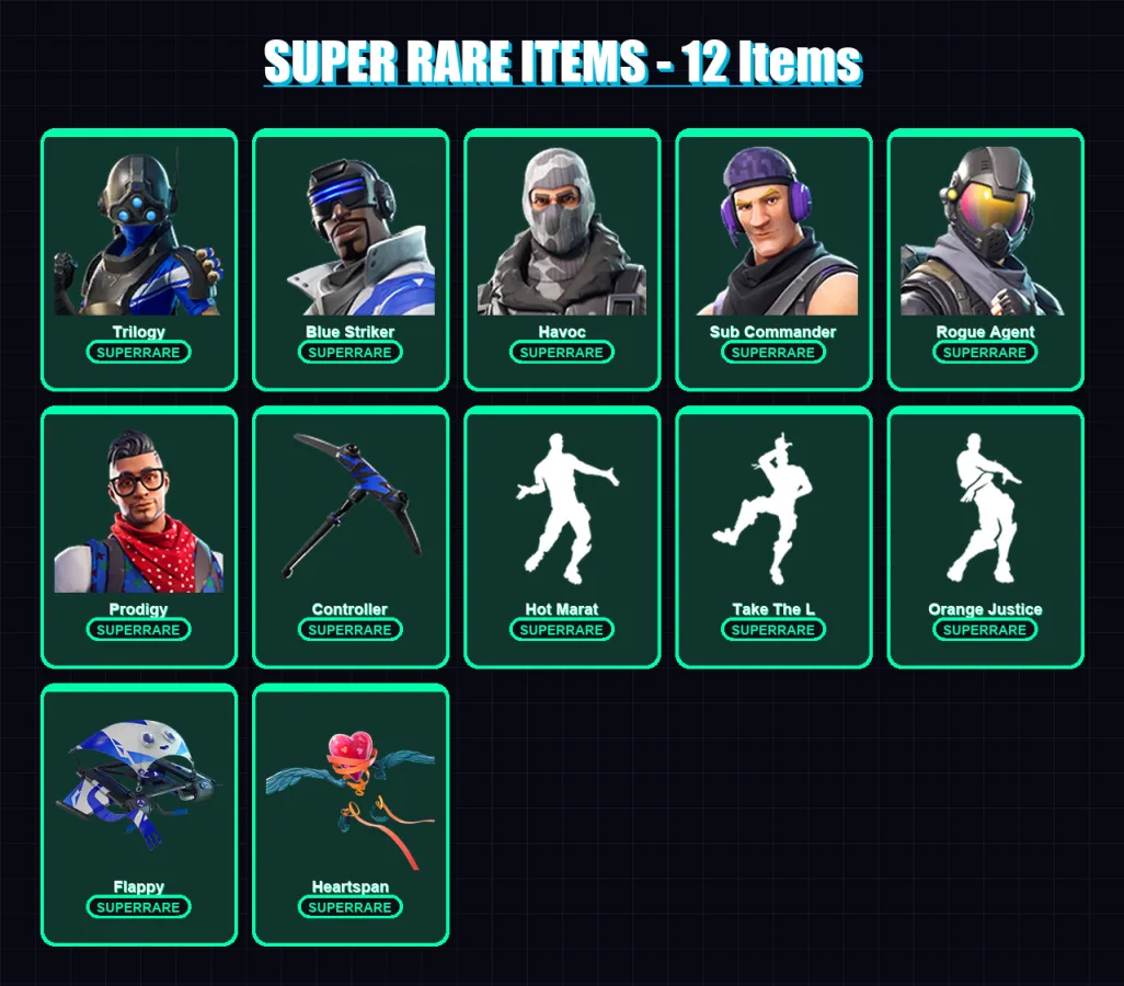 [PS4/PS5/XBOX/PC] | Trilogy | Blue Striker | Havoc | Sub Commander | Rogue Agent | 35 skin | 74 pickaxe | 53 emote | 65 glider | Lv1008