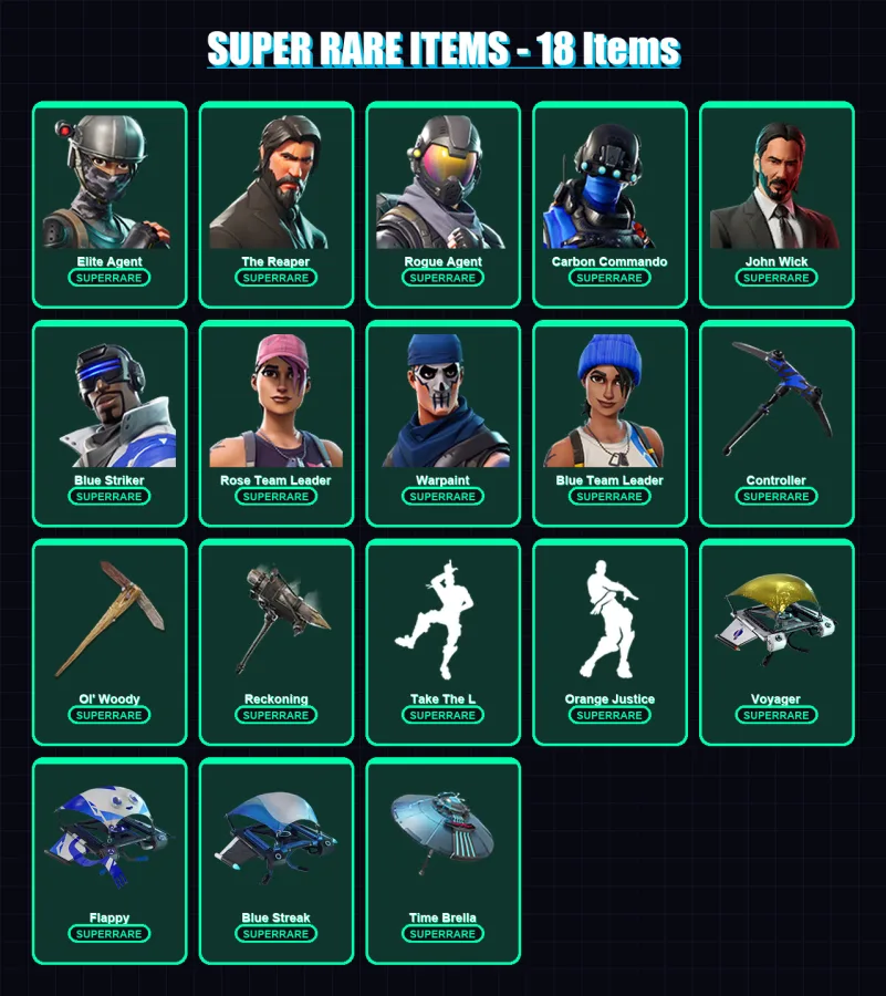 [PS4/PS5/XBOX/PC] | Elite Agent | The Reaper | Rogue Agent | Carbon Commando | John Wick | 60 skin | 53 pickaxe | 66 emote | 63 glider | Lv691